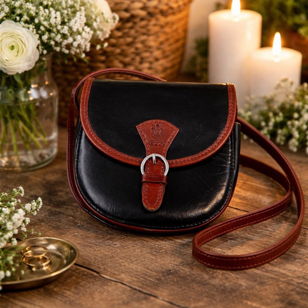 Firenze Italy‎ Vintage Black Brown Leather Crossbody Saddle Bag Fleur De Lis